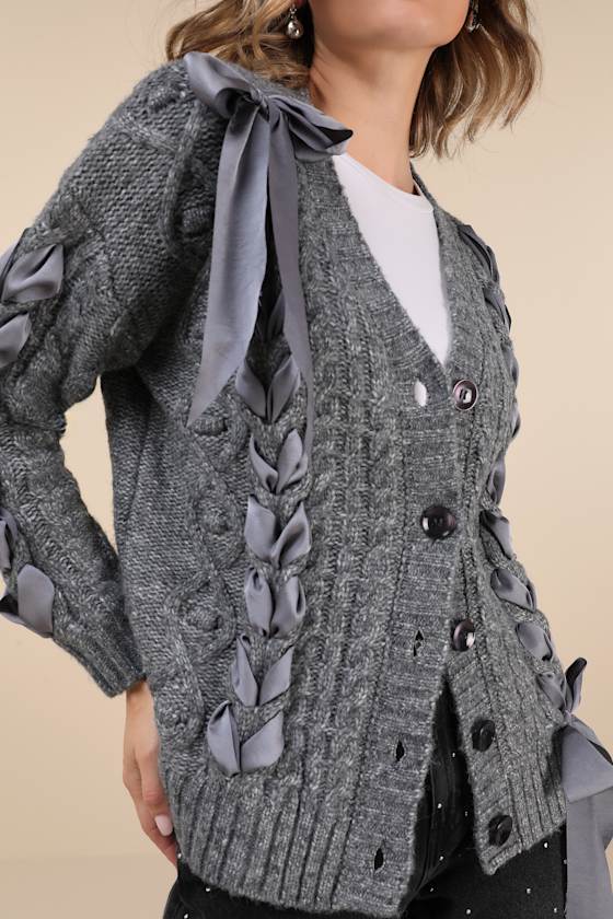 Hesper Heather Grey Cable Knit Lace-Up Cardigan Sweater