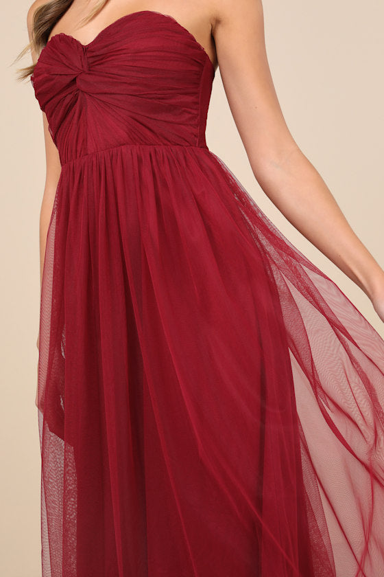 Perfect Whimsy Burgundy Mesh Strapless Midi Dress