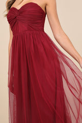 Perfect Whimsy Burgundy Mesh Strapless Midi Dress