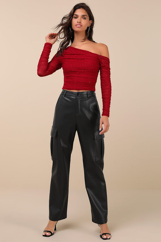 Popular Sparkle Wine Red Rhinestone Asymmetrical Crop Top
