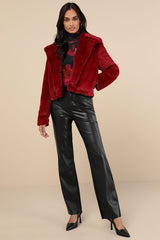Cuddly Sensation Wine Red Faux Fur Cropped Jacket