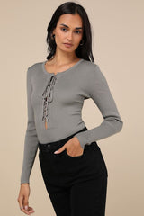 Intriguing Favorite Olive Lace-Up Sweater Top