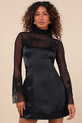 Exceptional Muse Black Satin Mock Neck Mini Dress