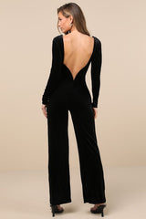 Instant Stunner Black Velvet Backless Jumpsuit