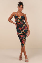 Date Night Beauty Dark Green Floral Print Mesh Ruched Midi Dress