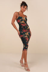 Date Night Beauty Dark Green Floral Print Mesh Ruched Midi Dress