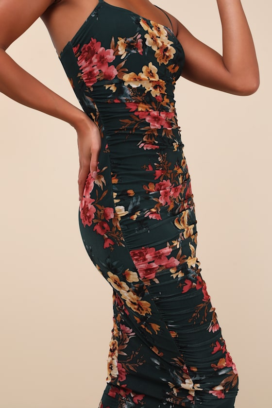 Date Night Beauty Dark Green Floral Print Mesh Ruched Midi Dress