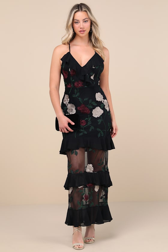 True to Heart Black Floral Embroidered Maxi Dress
