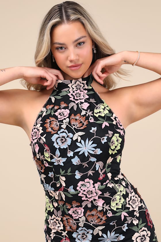 Infinite Praise Black 3D Floral Embroidered Halter Maxi Dress