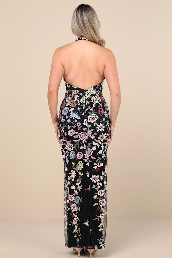 Infinite Praise Black 3D Floral Embroidered Halter Maxi Dress