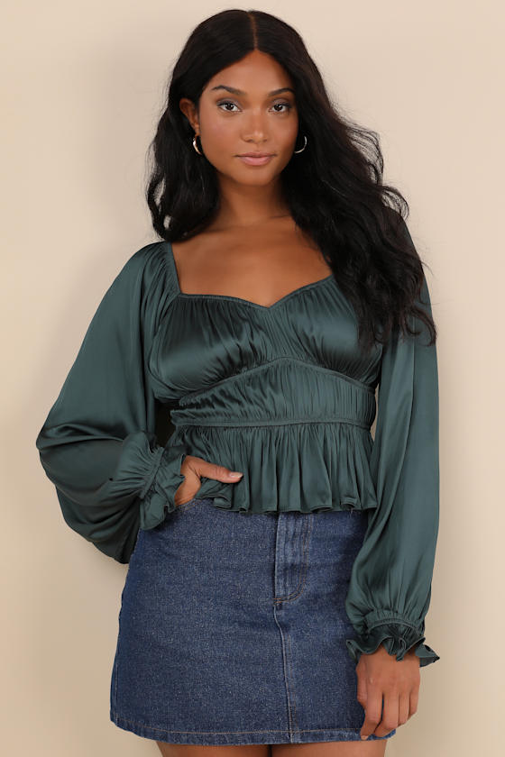 Sophisticate Dark Green Satin Ruched Long Sleeve Top