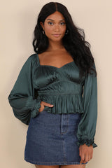 Sophisticate Dark Green Satin Ruched Long Sleeve Top