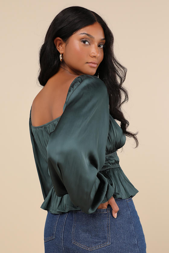 Sophisticate Dark Green Satin Ruched Long Sleeve Top