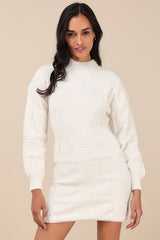 Patchwork It Cream Cable Knit Cutout Sweater Dress