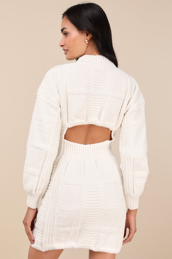 Patchwork It Cream Cable Knit Cutout Sweater Dress