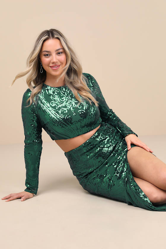 Luxe Aesthetic Green Sequin Long Sleeve Two-Piece Maxi Dress