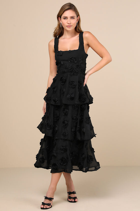 Exceptional Entrance Black Sleeveless Tiered Rosette Midi Dress