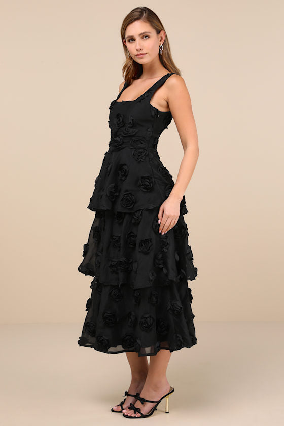 Exceptional Entrance Black Sleeveless Tiered Rosette Midi Dress