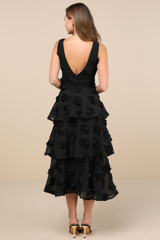 Exceptional Entrance Black Sleeveless Tiered Rosette Midi Dress