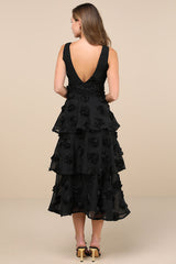 Exceptional Entrance Black Sleeveless Tiered Rosette Midi Dress