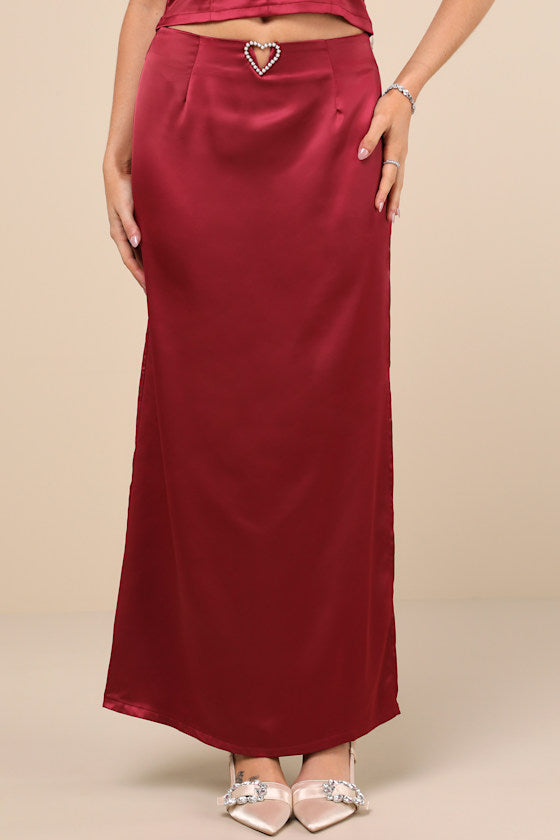 Priscilla Burgundy Satin Maxi Skirt