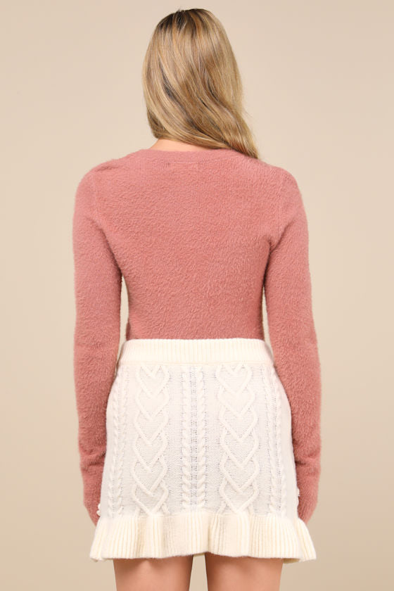 Maeve Cream Knit 3D Floral Applique Mini Skirt