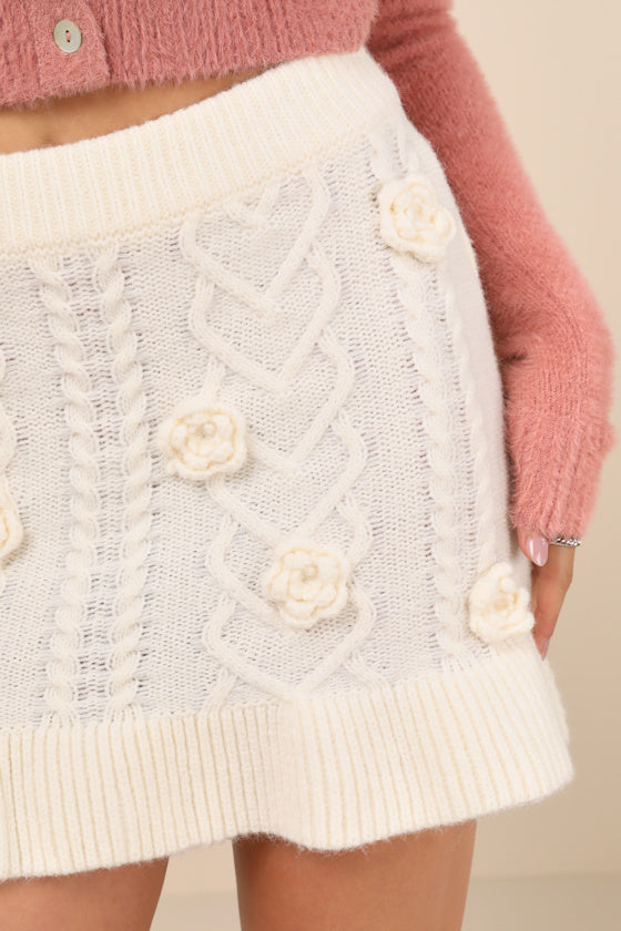 Maeve Cream Knit 3D Floral Applique Mini Skirt