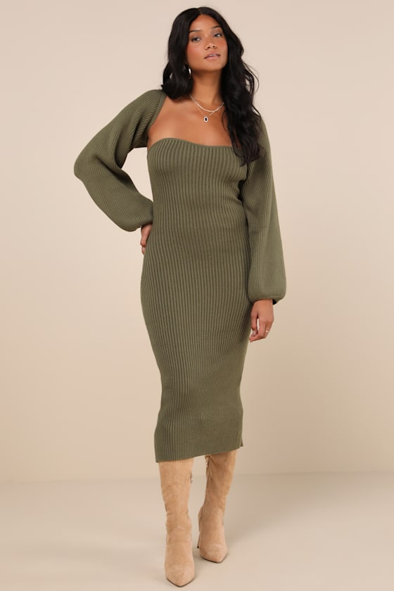 Autumn Aura Olive Green Ribbed Two-Piece Sweater Dress