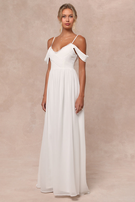Marcelyn White Pleated Cold-Shoulder Maxi Dress