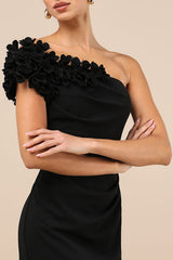 Beyond Elegant Black 3D Floral One-Shoulder Maxi Dress