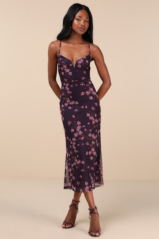 Total Crush Purple Floral Print Mesh Lace-Up Midi Dress