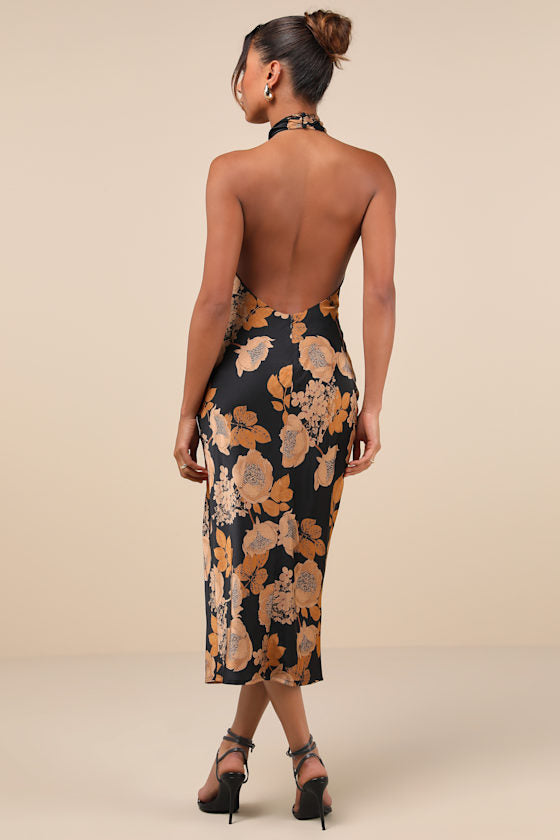 Beyond Classy Black Floral Satin Halter Midi Dress