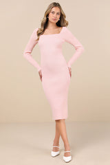 Gleaming Babe Light Pink Ribbed Knit Pearl Midi Sweater Dress