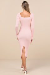 Gleaming Babe Light Pink Ribbed Knit Pearl Midi Sweater Dress