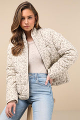 Bundled Perfection Light Beige Floral Quilted Puffer Jacket