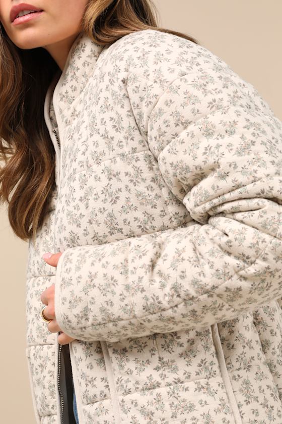 Bundled Perfection Light Beige Floral Quilted Puffer Jacket