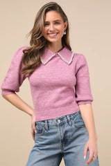 Classy Sophistication Heather Magenta Pearl Collar Sweater Top