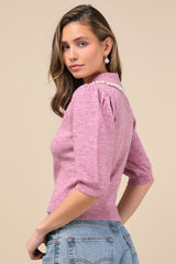 Classy Sophistication Heather Magenta Pearl Collar Sweater Top