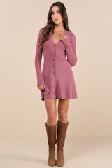 Adorably Flirty Mauve Pink Button-Front Sweater Mini Dress