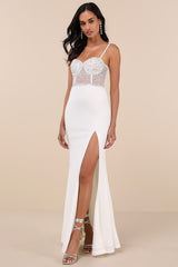 Luxe Allure White Beaded Rhinestone Bustier Maxi Dress