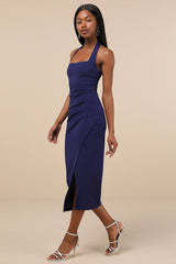 Prominent Charm Navy Halter Bodycon Tulip Midi Dress