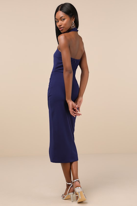 Prominent Charm Navy Halter Bodycon Tulip Midi Dress