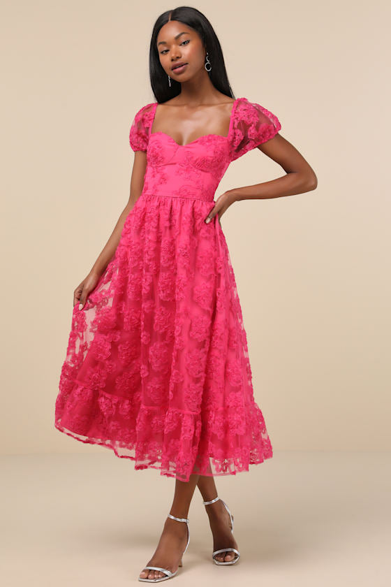 Notable Elegance Fuchsia Mesh Floral Applique Bustier Midi Dress