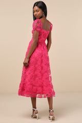Notable Elegance Fuchsia Mesh Floral Applique Bustier Midi Dress