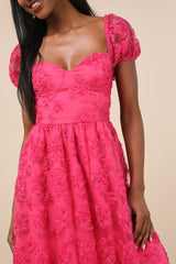 Notable Elegance Fuchsia Mesh Floral Applique Bustier Midi Dress