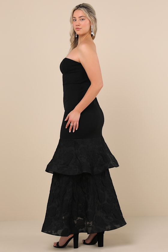 Immense Drama Black Strapless Tiered Jacquard Maxi Dress