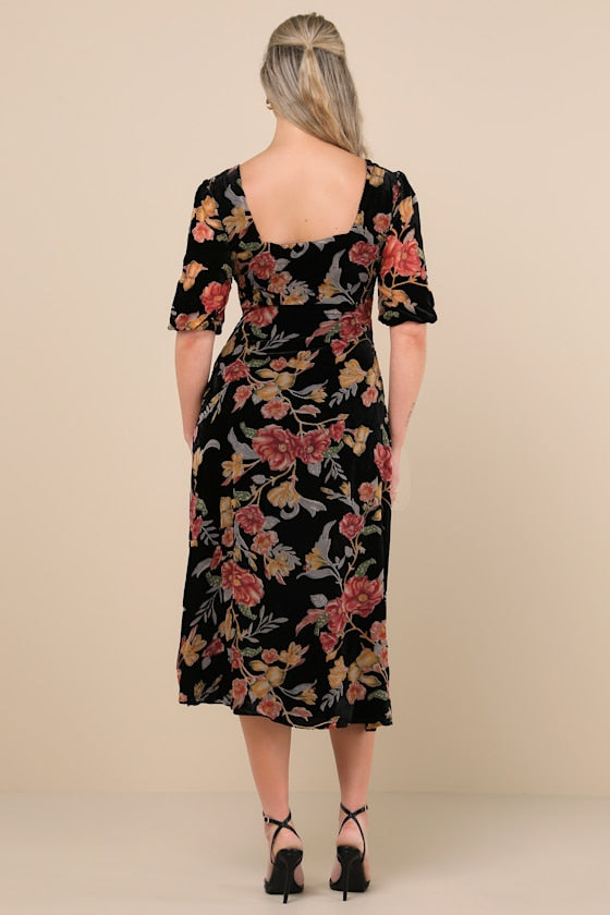 Gloriously Chic Black Floral Burnout Short Sleeve Midi Dress