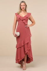 Charming Event Rusty Rose Asymmetrical Ruffled Maxi Dress