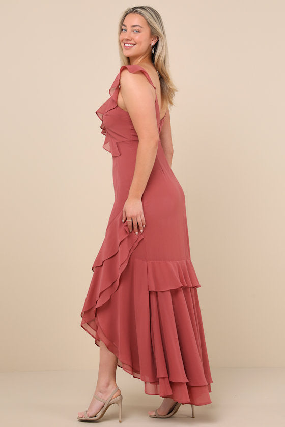 Charming Event Rusty Rose Asymmetrical Ruffled Maxi Dress