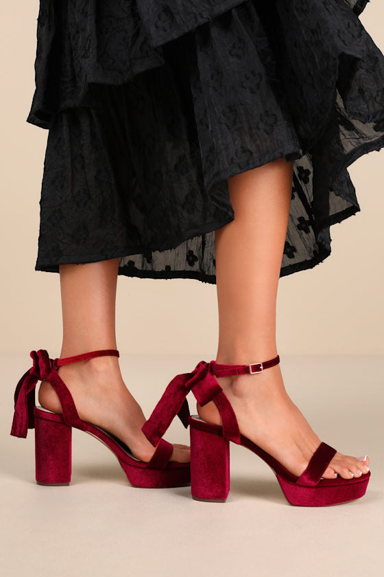 Sassyy Wine Velvet Bow Platform Ankle Strap Sandals